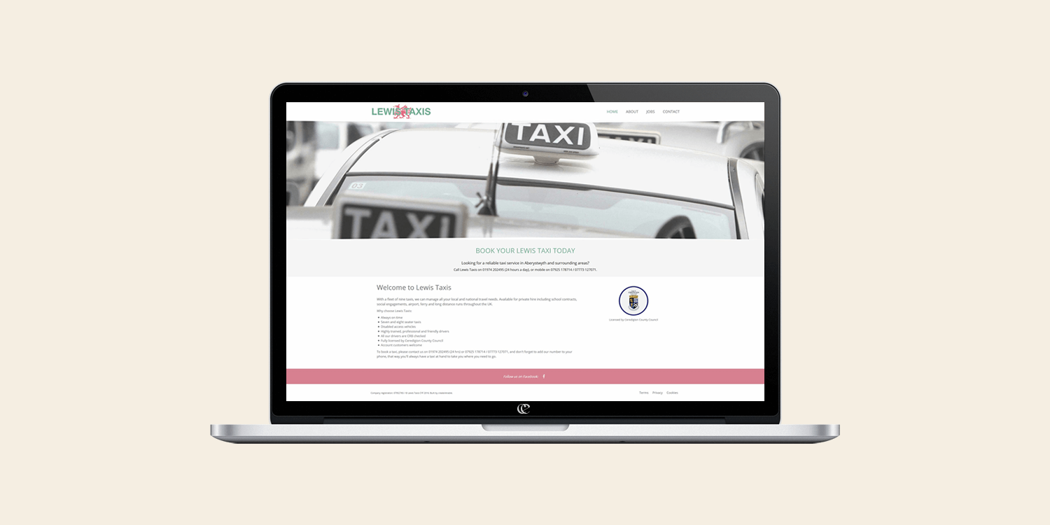 Lewis Taxis website design and development by create/enable on a laptop.