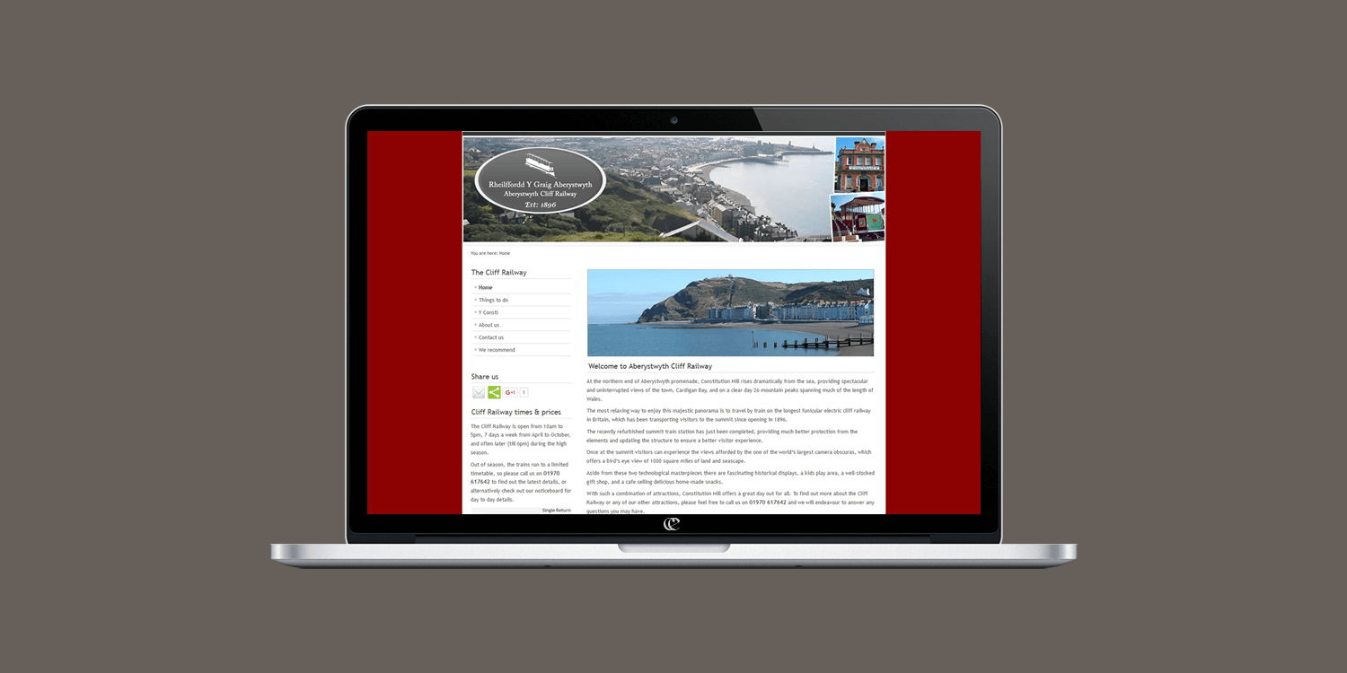Aberystwyth Cliff Railway website design by create/enable on a laptop.