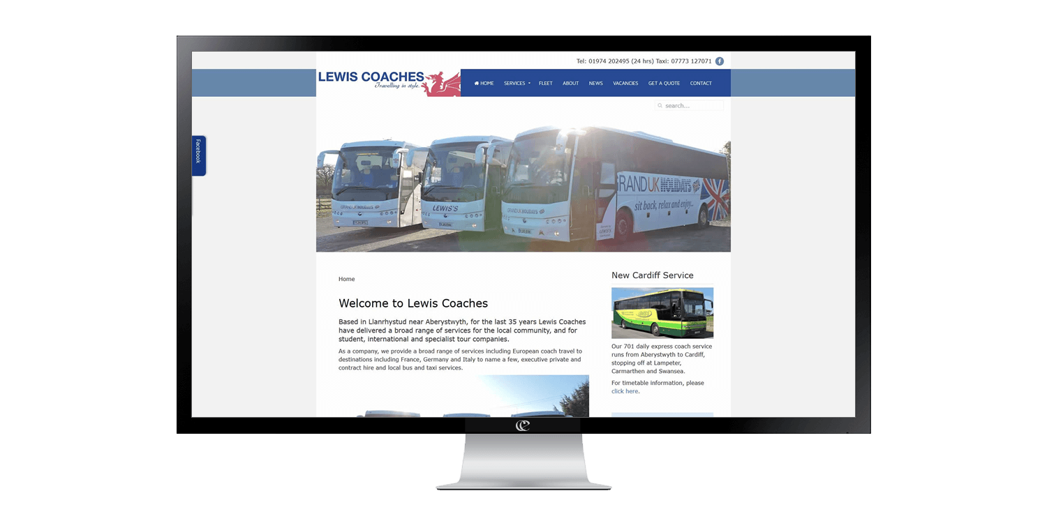 Lewis Coaches updated website design by create/enable on a desktop pc.