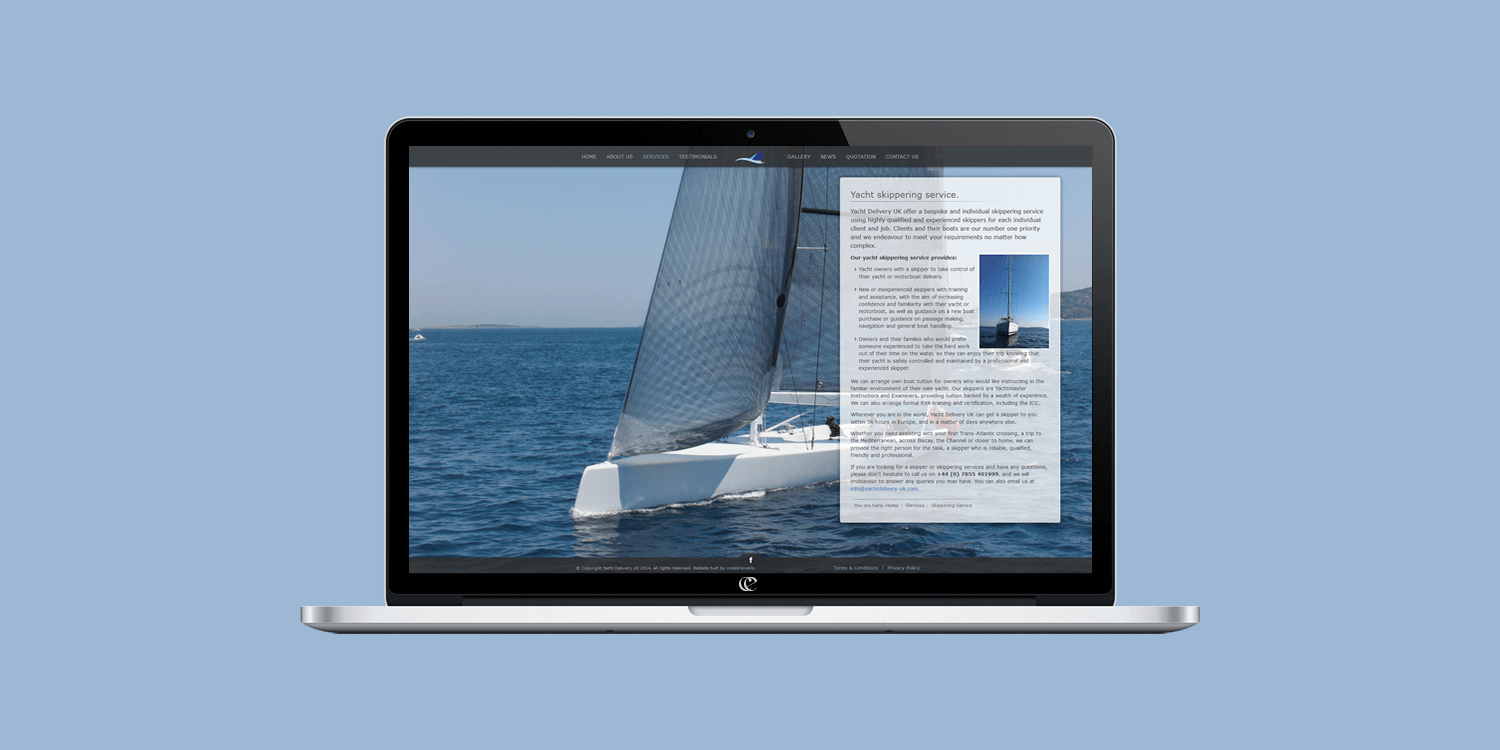 Yacht Delivery UK website design by create enable on a laptop